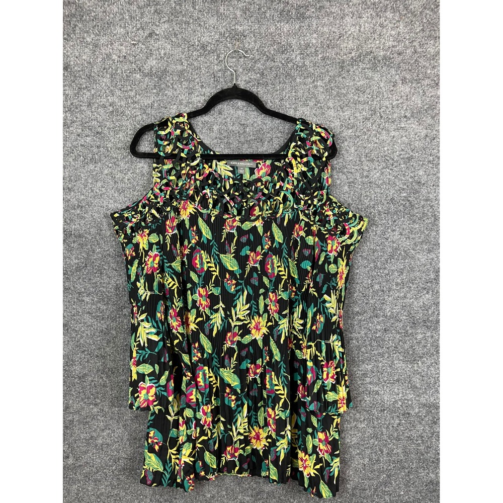 Kate & Mallory Cold Shoulder Top‎ Womens 2X Black Floral Excellent Pleated Bell